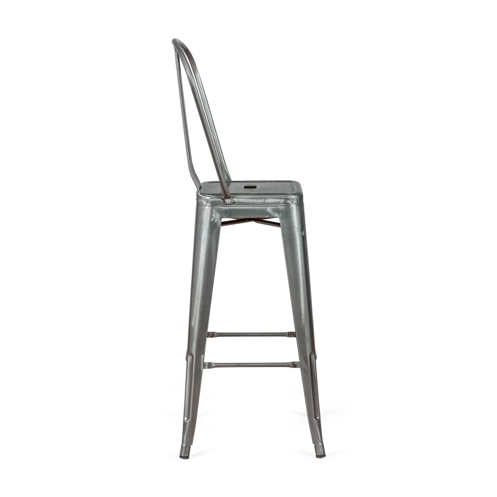 Replica dello sgabello in metallo Tolix con schienale alto e altezza di 76 centimetri, ispirato al design di Xavier Pauchard