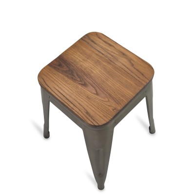 Taburete industrial bajo con asiento de madera Bistro Antique