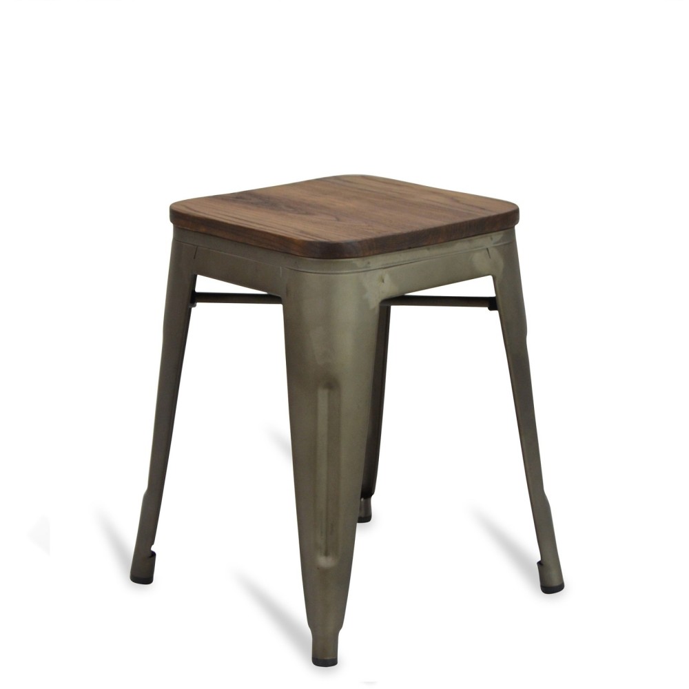 Taburete industrial bajo con asiento de madera Bistro Antique