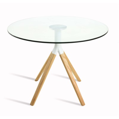 Table design Braun en verre trempé et bois de hêtre