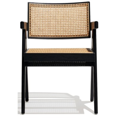 Compass chair with armrests in teak wood and natural rattan