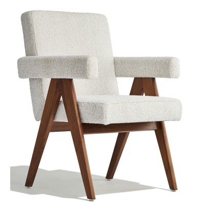 Chaise Compass avec accoudoirs en bois de teck et tissu bouclé