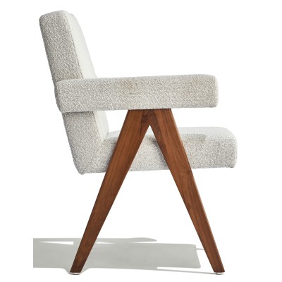 Compass chair with armrests in teak wood and bouclé fabric