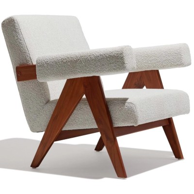 Confort Compass lounge chair in teak wood and bouclé fabric