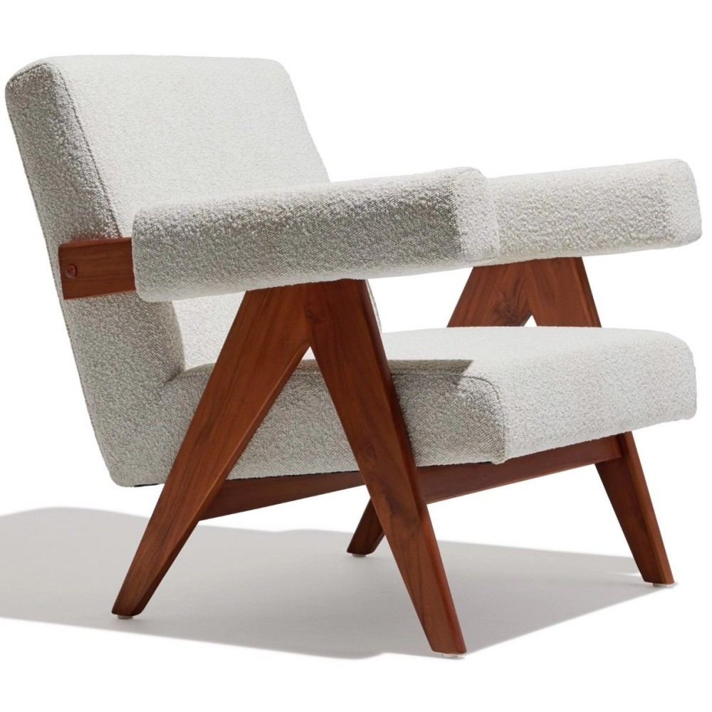 Sillón lounge Confort Compass en madera de teca y tejido bouclé