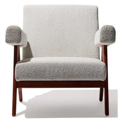 Confort Compass lounge chair in teak wood and bouclé fabric