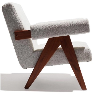 Sillón lounge Confort Compass en madera de teca y tejido bouclé