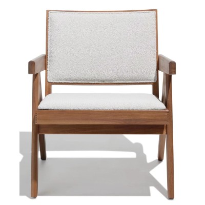 Compass lounge chair with armrests in teak wood and bouclé fabric