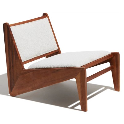 Fauteuil Compass Lounge rembourré en bois de teck et tissu bouclé