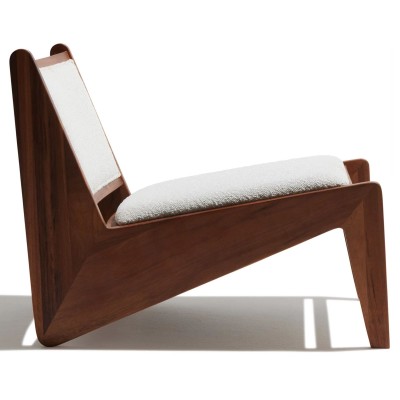 Compass Lounge armchair upholstered in teak wood and bouclé fabric